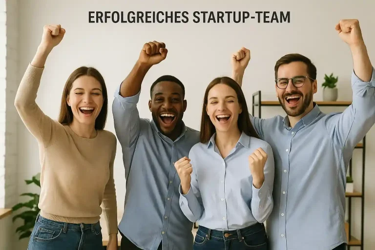 Gründungsberatung Vier Menschen feiern erfolgreiches Teamwork mit fröhlichen Gesten und Lächeln.