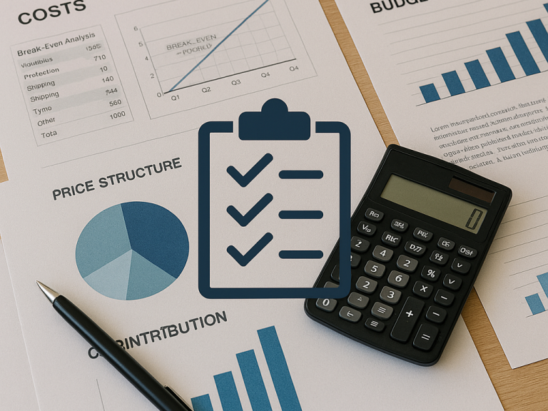 Planung und Kalkulation Diagramme und Tabellen zur Preisstruktur und Kostenanalyse mit einem Taschenrechner.