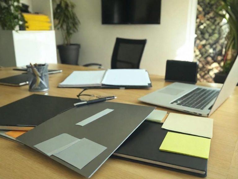 Gründungsberatung Bürotisch mit Laptop, Notizblöcken, Stiften und offenen Unterlagen.