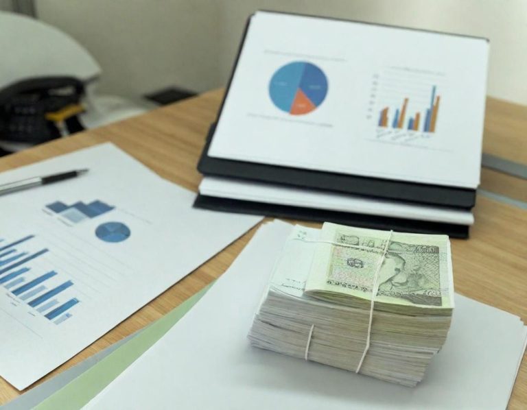 Businessplan Stapel von Geldscheinen neben Diagrammen und Statistiken auf einem Schreibtisch.